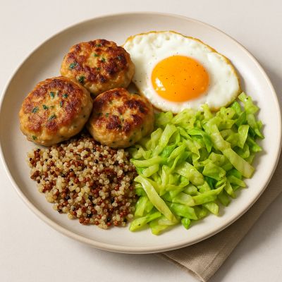 Kyllinge frikadeller med spidskål og qiunoa