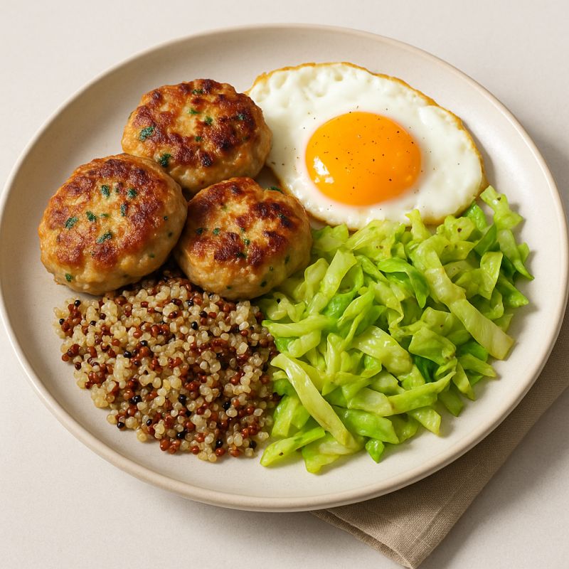 Kyllinge frikadeller med spidskål og qiunoa
