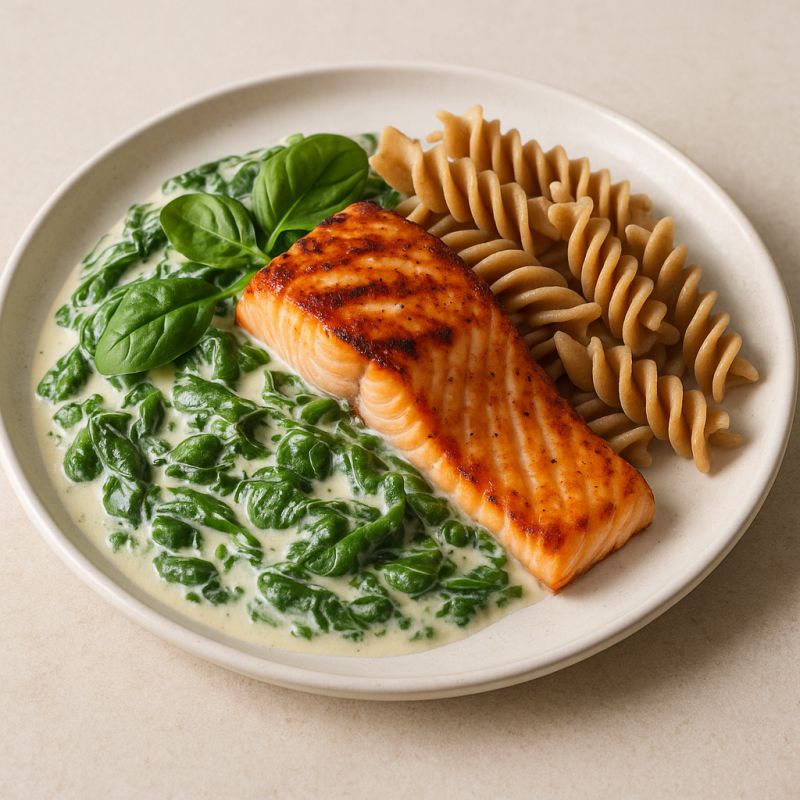 Grillet laks med cremet spinat og fuldkornspasta