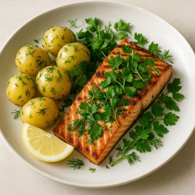 Grillet Laks med Friske Urter og Dildkartofler