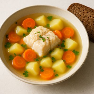 Traditionel dansk fiskesuppe med grøntsager og rugbrød