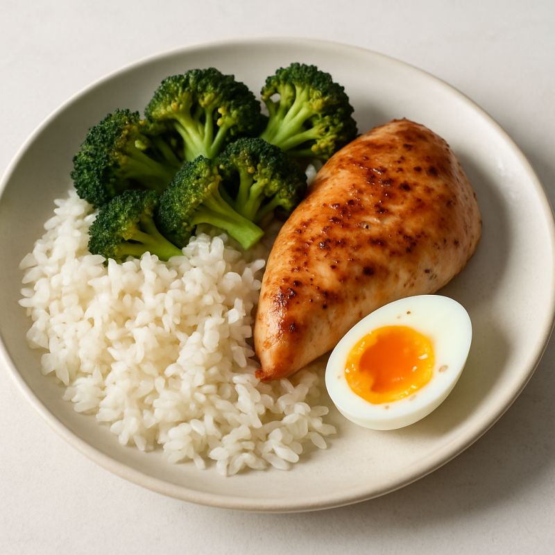 Kylling med ris, broccoli og æg