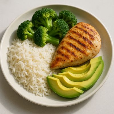 Kylling med ris, broccoli og avocado