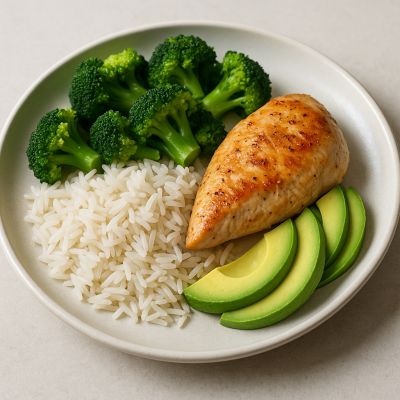 Kylling med ris, broccoli og avocado