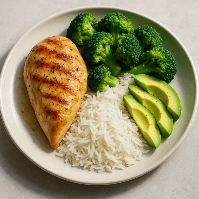 Kylling med basmatiris, broccoli og avocado