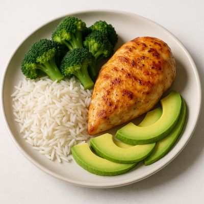 Kylling med ris, broccoli og avocado