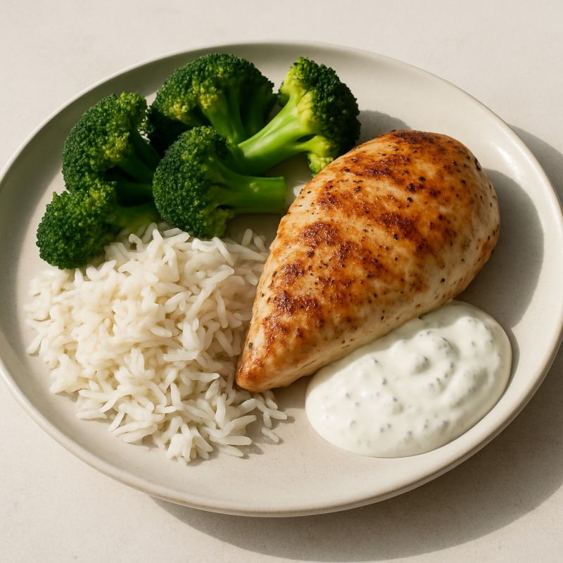 Kylling med ris, broccoli og skyrdressing