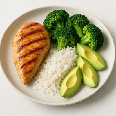 Kylling med ris, broccoli og avocado
