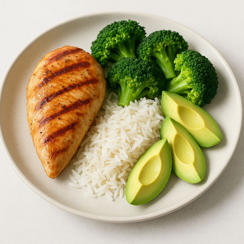 Kylling med ris, broccoli og avocado