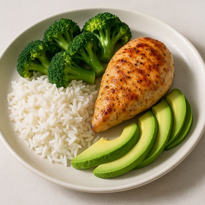 Kylling med ris, broccoli og avocado