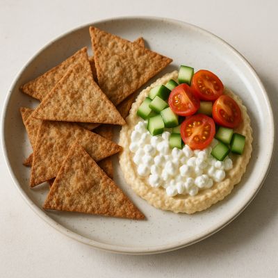 Sprøde tortillachips med hummus og hytteost