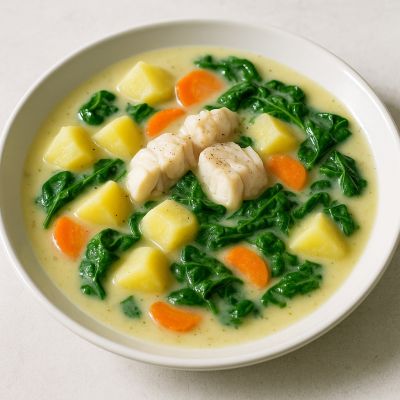 Cremet kartoffelsuppe med torsk og spinat