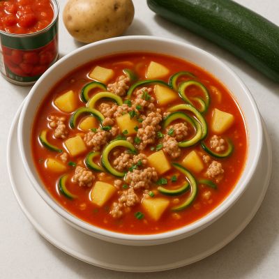 Tomatsuppe med svinekød og squashnudler