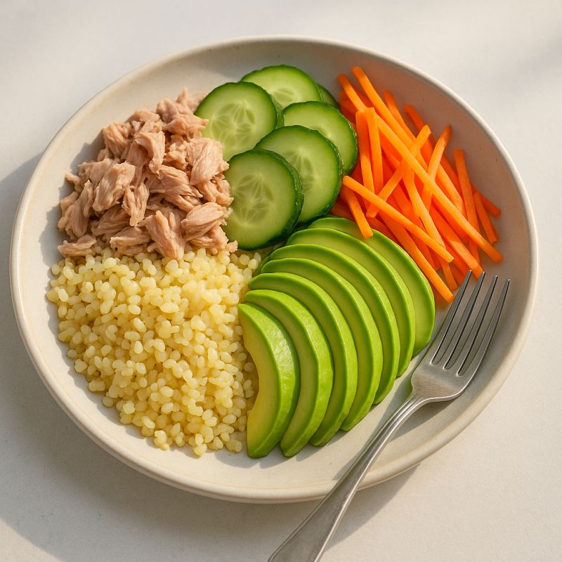 Tunbowl med bulgur, avocado og sprøde grøntsager