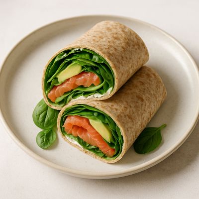 Kold Røget Laks Wrap med Avocado og Frisk Spinat