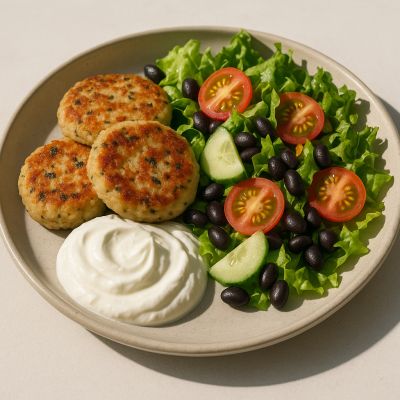 Hvide bønnefrikadeller med salat og skyr