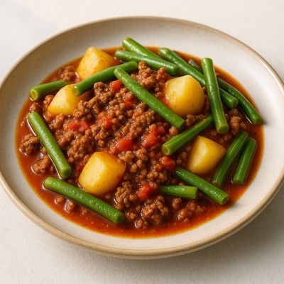 Mild oksegryde med kartofler og grønne bønner