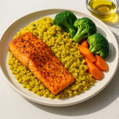 Krydret laks med gurkemeje quinoa og dampede grøntsager